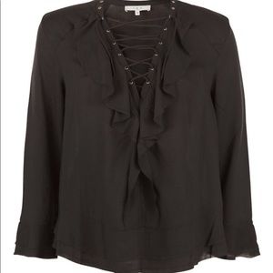 IRO Finley Black Lace Up Frayed Hem Blouse